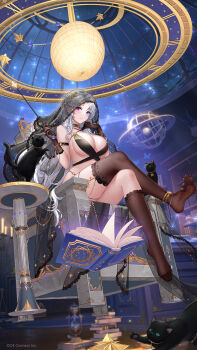 1girl animal bare_shoulders black_cat black_gloves black_thighhighs black_veil blue_eyes book breasts bug butterfly cat character_request cleavage full_body gloves heterochromia highres holding holding_wand houchi_shoujo insect light_smile mole mole_under_mouth official_art pale_skin purple_eyes sideboob solo_focus thighhighs underboob veil wand white_hair