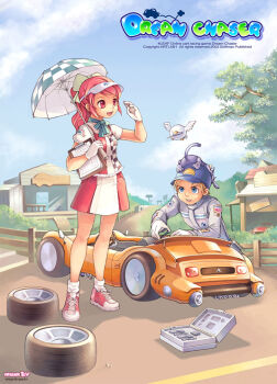 4leaf animal animal_on_head ankle_socks aqua_ribbon aqua_umbrella archived_source artist_name black_fur black_tail black_tank_top blonde_hair blue_eyes blue_hat blue_sky bow breasts brushing building cat cat_on_head character_request checkered_print clipboard commentary company_name copyright_name copyright_notice cross-laced_shoes dated dated_commentary dirt_road dream_chaser english_commentary flying frilled_tank_top garage gloves green_eyes grey_jacket grey_sleeves hair_bow hat holding holding_brush holding_umbrella jacket laces legs_apart logo long_hair long_sleeves looking_at_another medium_breasts motor_vehicle mouth_hold multicolored_tank_top neck_ribbon official_art on_head open_mouth outdoors photoshop_(medium) pink_eyes pink_hair pleated_skirt ponytail print_sleeves print_tank_top puffy_short_sleeves puffy_sleeves race_vehicle red_shoes red_skirt red_tank_top ribbon road shirt shoes short_hair short_sleeves skirt sky sneakers socks softmax stairs standing steering_wheel tank_top teeth tiv tool_kit tree umbrella visor_cap watermark web_address wheel white_fur white_gloves white_shirt white_skirt white_sleeves white_socks white_tank_top white_umbrella white_wings wings