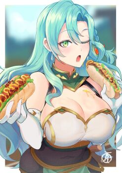1girl absurdres aqua_hair armor artist_logo bare_shoulders blurry blurry_background bow braid breastplate breasts chloe_(fire_emblem) cleavage covered_navel dress earrings eating elbow_gloves fire_emblem fire_emblem_engage food gloves green_eyes highres holding holding_food hot_dog jewelry large_breasts light_blush lips logo long_hair looking_at_viewer nintendo one_eye_closed open_mouth orange_bow outdoors revolverwing sexually_suggestive side_braid solo teardrop_earrings tight_clothes upper_body white_gloves