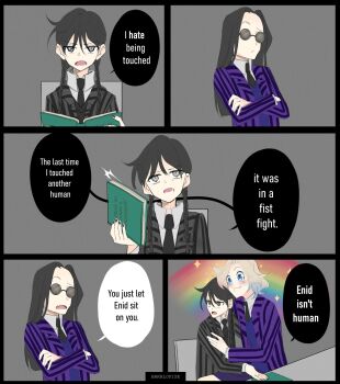 Rule 34 | 3girls, absurdres, the addams family, black hair, blonde hair, book, braid, comic, english text, enid sinclair, highres, knaito, long hair, multiple girls, nail polish, nevermore academy school uniform, rainbow, school uniform, sitting, sitting on person, sunglasses, twin braids, wednesday (netflix), wednesday addams, yoko tanaka (wednesday)