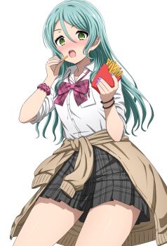 1girl bang_dream! blush bow bracelet brown_jacket eating feet_out_of_frame food french_fries green_eyes green_hair hanasakigawa_school_uniform highres hikawa_sayo holding holding_food jacket jewelry long_hair looking_at_viewer noshimurin open_mouth red_bow school_uniform shirt simple_background skirt solo standing striped_clothes striped_skirt teeth upper_teeth_only white_background white_shirt
