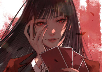 1girl black_hair black_nails blazer card commentary_request eyelashes fingernails hand_on_own_face hands_up highres holding holding_card jabami_yumeko jacket kakegurui licking_lips long_hair long_sleeves looking_at_viewer nail_polish parted_lips playing_card portrait red_eyes red_jacket solo ssk06150 tongue tongue_out