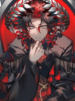 1boy black_hair commentary_request dante_alighieri_(fate) dante_alighieri_(third_ascension)_(fate) fate/grand_order fate_(series) grey_eyes laurel_crown light_smile male_focus multicolored_hair open_door poppoman red_background red_hair two-tone_hair