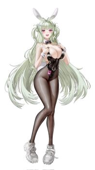 1girl animal_ears black_bow black_bowtie black_leotard black_pantyhose bow bowtie breasts covered_navel detached_collar fake_animal_ears fake_tail full_body goddess_of_victory:_nikke green_hair highres koswi1111 large_breasts leotard long_hair looking_at_viewer official_alternate_costume open_mouth pantyhose pink_eyes playboy_bunny rabbit_ears rabbit_tail shoes simple_background smile soda_(nikke) soda_(twinkling_bunny)_(nikke) solo standing tail teeth upper_teeth_only very_long_hair white_background white_shoes white_wrist_cuffs wrist_cuffs