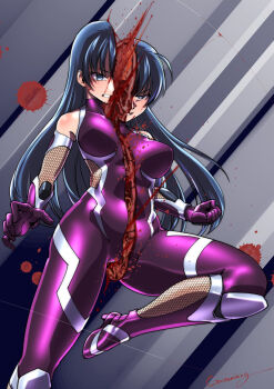 anatomy bisected bodysuit commentary_request dynamic_pose guro highres jumping kamotama long_hair sagittal_plane_cutting solo taimanin_(series)