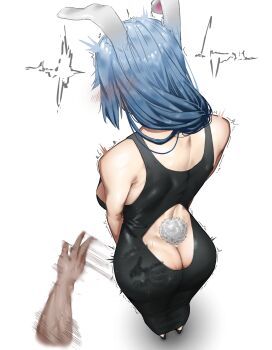 1boy 1girl animal_ears ass bare_shoulders black_dress blue_hair blush breasts butt_crack disembodied_hand dress facing_away full_body highres hololive kaizuzu long_hair mature_female pekomama rabbit_ears rabbit_girl rabbit_tail simple_background slap_mark sleeveless sleeveless_dress solo_focus spanked spanking standing tail virtual_youtuber white_background