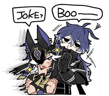 2boys ancient_egyptian_clothes black_coat black_eyes black_gloves chibi chibi_only coat crossed_arms cyno_(genshin_impact) empty_eyes english_text eye_symbol flins_(genshin_impact) bad_tag genshin_impact gloves gradient_hair hair_between_eyes helmet highres leaning_on_person leaning_to_the_side long_hair long_sleeves looking_to_the_side looking_up multicolored_hair multiple_boys open_mouth puckered_lips red_eyes shade shadow speech_bubble tan umabinia white_background white_hair