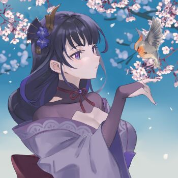 1girl absurdres back_bow bird bird_on_hand blue_sky blunt_bangs bow branch breasts bridal_gauntlets cherry_blossoms cleavage clothing_cutout commentary fan_hair_ornament from_side genshin_impact gradient_background highres japanese_clothes kimono large_breasts long_hair looking_at_animal looking_down mole mole_under_eye multicolored_eyes neck_ribbon off_shoulder open_mouth outdoors purple_eyes purple_hair purple_kimono purple_nails raiden_shogun red_ribbon ribbon shade shigemitsu_jun shoulder_cutout sky solo standing symbol-only_commentary tree upper_body