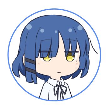 Rule 34 | 1girl, asymmetrical bangs, black ribbon, blue hair, bocchi the rock!, chibi, chibi only, collared shirt, commentary request, hair ornament, hair over one eye, hairclip, highres, looking at viewer, medium hair, mimori (mimori 05), mole, mole under eye, neck ribbon, parallel hairclips, ribbon, shirt, sidelocks, simple background, solo, upper body, white background, white shirt, yamada ryo, yellow eyes