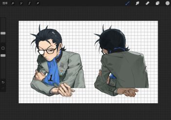 1boy art_program_in_frame ascot black_hair blue_ascot brown_eyes catfish05 chinese_commentary closed_mouth commentary_request cropped_torso from_behind glasses grey_jacket grid_background hand_on_own_arm highres jacket long_sleeves looking_at_viewer male_focus nanjou_kei opaque_glasses partially_opaque_glasses persona persona_1 procreate_(medium) procreate_(software) school_uniform short_hair simple_background solo st._hermelin_school_uniform upper_body white_background