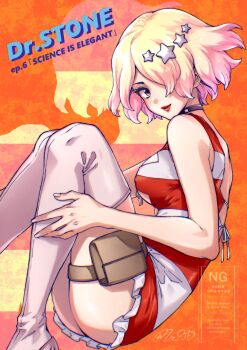 1girl bare_shoulders blonde_hair boots breasts choker cleavage cleavage_cutout clothing_cutout commentary_request copyright_name dr._stone dress hair_ornament hair_over_one_eye highres light_blush light_smile lips looking_at_viewer luna_wright medium_breasts miniskirt orange_background parted_lips pink_hair red_lips short_dress short_hair skirt smile solo star_(symbol) star_choker star_hair_ornament striped_clothes striped_dress thigh_boots thigh_strap thighhighs vx_8id