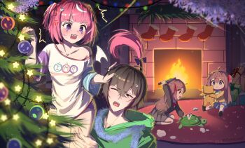 1boy 3girls absurdres ahoge aqua_bow aqua_bowtie black_cardigan black_shoes black_skirt black_socks blue_eyes blue_skirt blunt_bangs blurry blurry_foreground blush bow bowtie brown_hair camila_(vtuber) cardigan child christmas christmas_lights christmas_ornaments christmas_present christmas_stocking christmas_tree collarbone decorating_christmas_tree demon_wings double-parted_bangs evil_neuro-sama facial_mark fangs fire fireplace gift green_hoodie hair_between_eyes hair_ribbon highres holding holding_knife holding_stuffed_toy hood hoodie indoors kneeling knife komori lifting_person light_particles long_hair long_sleeves mini_wings multicolored_hair multiple_girls neuro-sama off-shoulder_shirt off_shoulder one_eye_closed open_mouth pink_hair pink_ribbon purple_eyes purple_shorts red_bow red_bowtie red_eyes red_ribbon ribbon rug shirt shoes short_hair short_shorts shorts sitting skirt snowflakes socks stab streaked_hair stuffed_animal stuffed_cat stuffed_toy stuffed_turtle surprised sweatdrop t-shirt teeth tinsel triangle triangle_facial_mark turtle two_side_up upper_teeth_only v-shaped_eyebrows vedal987 vedal_ai virtual_youtuber white_shirt white_socks wide_sleeves wings yellow_cardigan