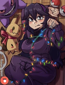 Rule 34 | 1girl, absurdres, alternate breast size (larger), blush, breasts, christmas lights, cookie, dress, food, gen 1 pokemon, gen 7 pokemon, gengar, hair between eyes, hairband, hex maniac (pokemon), hex maniac (pokemon xy), highres, holding, holding poke ball, large breasts, long hair, long sleeves, looking at viewer, lying, mimikyu, moxydraws, nintendo, on floor, parted lips, plate, poke ball, poke ball (basic), pokemon, pokemon (creature), pokemon xy, purple dress, purple eyes, purple hair, purple hairband, red ribbon, ribbon