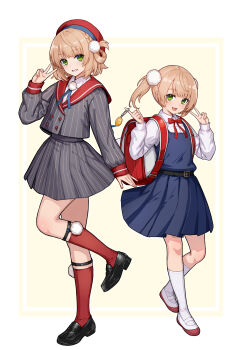 Rule 34 | 2girls, backpack, bag, black jacket, black skirt, blonde hair, border, commentary request, crime prevention buzzer, full body, green eyes, hat, highres, hiyashiru, jacket, multiple girls, randoseru, red hat, red socks, shigure ui (vtuber), shigure ui (young) (vtuber), shirt, simple background, skirt, socks, standing, standing on one leg, twintails, v, virtual youtuber, white border, white shirt, white socks, yellow background