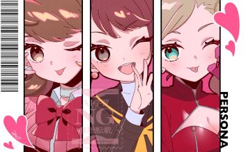 Rule 34 | 3girls, black sailor collar, black serafuku, blonde hair, blue eyes, blush, bodysuit, bow, bowtie, breasts, brown eyes, brown hair, car, cardigan, choker, cleavage, cleavage cutout, clothing cutout, commentary, copyright name, earrings, flipped hair, gekkoukan high school uniform, gloves, heart, heart in eye, highres, jewelry, kujikawa rise, looking at viewer, medium breasts, motor vehicle, multiple girls, neckerchief, one eye closed, open mouth, panther (persona 5), pearl earrings, persona, persona 3, persona 4, persona 5, pink car, pink gloves, popo mocomoco, red bodysuit, red bow, red bowtie, ribbed cardigan, sailor collar, school uniform, serafuku, shirt, short hair, symbol in eye, takamaki anne, takeba yukari, tongue, tongue out, trait connection, untranslatable commentary, upper body, v, white choker, white shirt, wing collar, yasogami school uniform, yellow neckerchief, zipper