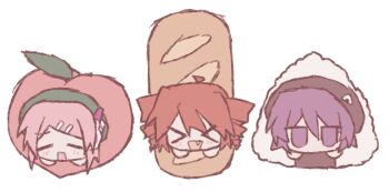 &gt;_&lt; baguette beret bread chibi chibi_only closed_eyes commentary drill_hair fang food fruit hair_ornament hairclip hat in_food jitome kasane_teto meltypen momone_momo onigiri open_mouth peach pink_hair purple_eyes purple_hair red_hair robot_ears smile twin_drills utane_uta utau