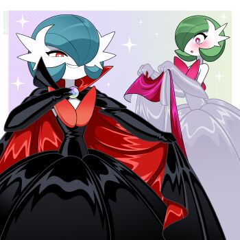 2girls alternate_color black_cape black_dress black_gloves blue_hair blush bob_cut cape dress elbow_gloves gardevoir gen_3_pokemon gloves green_hair grey_dress grey_gloves hair_over_one_eye highres mega_gardevoir mega_pokemon mega_stone multiple_girls nico-neko nintendo pink_eyes pokemon pokemon_(creature) red_cape shiny_pokemon two-tone_cape