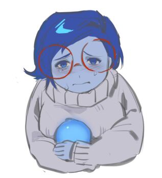 1girl blue_eyes blue_hair blue_skin blush closed_mouth colored_skin commentary crying crying_with_eyes_open disney english_commentary glasses grey_sweater holding_orb inside_out inside_out_2 kugai697139 long_sleeves looking_at_viewer orb pixar puffy_long_sleeves puffy_sleeves red-framed_eyewear round_eyewear sad sadness_(inside_out) short_hair simple_background solo sweater tears turtleneck turtleneck_sweater upper_body white_background