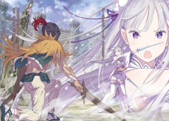 1boy 1girl aldebaran_(re:zero) bandaged_leg bandaged_wrist bandages bare_shoulders belt belt_pouch blizzard blush boots braid breasts brown_belt capelet cleavage cleavage_cutout clothing_cutout commentary_request cropped_jacket crown_braid dual_wielding elf emilia_(re:zero) fighting_stance flower full_body green_jacket grey_hair hair_flower hair_ornament hair_ribbon helm helmet holding holding_sword holding_weapon jacket large_breasts long_hair long_sleeves looking_at_viewer miniskirt novel_illustration official_art on_one_knee ootsuka_shin'ichirou outdoors pants pleated_skirt pointy_ears pouch purple_eyes purple_ribbon re:zero_kara_hajimeru_isekai_seikatsu ribbon rose sandals shirt shoulder_cutout skirt snow standing stone_wall sword thigh_boots torn_capelet torn_clothes v-shaped_eyebrows weapon white_boots white_flower white_pants white_rose white_shirt white_skirt wide_sleeves wind x_hair_ornament yellow_capelet zoom_layer