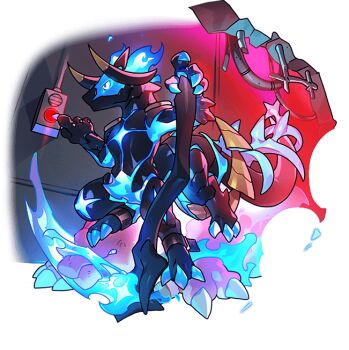 1other blue_fire cable centauroid dragon dragon_village_(series) dragon_village_collection fire flaming_weapon furry game_cg holding holding_scythe indoors no_mouth official_art pressing_button push-button scythe shoulder_pads stepped_on taur telos_gamma_(blue_knight)_(dragon_village) telos_gamma_(dragon_village) third-party_source transparent_background weapon