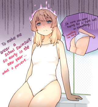 1girl absurdres annoyed aqua_eyes aura bare_shoulders blonde_hair breasts bridget_(guilty_gear) chain-link_fence closed_mouth collarbone commentary english_commentary fence guilty_gear guilty_gear_strive highres long_hair looking_at_viewer one-piece_swimsuit outdoors school_swimsuit sidelocks sitting small_breasts solo speech_bubble straight_hair sugajyun swimsuit white_one-piece_swimsuit