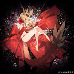 Rule 34 | 1girl, blonde hair, crown, cup, dragon tail, dress, fate/grand order, fate (series), hair ornament, holding, holding cup, long hair, nero claudius (fate), nero claudius (fate) (all), pointy ears, queen draco (fate), red dress, red eyes, starshadowmagician, tail