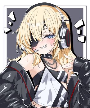 1girl absurdres bandeau black_bandeau black_choker black_jacket blonde_hair blue_eyes blush border chain chain_necklace choker eyepatch fishnets goddess_of_victory:_nikke grey_background grin guillotine_(nikke) hand_on_own_hip hand_up headset highres jacket jacket_partially_removed jewelry long_hair looking_at_viewer necklace shirt smile solo standing tu_pa_pa_pa upper_body white_border white_shirt