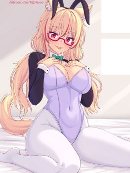 1girl animal_ears bed bedroom black_shrug blonde_hair blush bow bowtie breasts cat_ears cat_girl cat_tail cleavage eyeshadow fake_animal_ears glasses green_bow green_bowtie hands_on_own_chest highres large_breasts leotard long_hair looking_at_viewer low_twintails makeup multicolored_hair nottytiffy on_bed original pantyhose playboy_bunny purple_eyeshadow purple_leotard rabbit_ears red_eyes red_hair shrug_(clothing) sitting slit_pupils smile streaked_hair tail tiffy_(nottytiffy) tongue tongue_out twintails white_pantyhose window