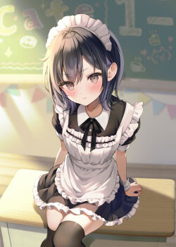 1girl black_eyes black_hair black_ribbon black_thighhighs blush chalk chalkboard classroom commentary_request frilled_skirt frills highres indoors looking_at_viewer maid maid_headdress original ribbon shiraishi_reina_(yugaa) short_hair short_sleeves sitting skirt solo thighhighs white_wrist_cuffs wrist_cuffs yugaa zettai_ryouiki