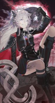 1girl absurdres animal_ear_fluff animal_ears arknights arm_up black_boots black_capelet black_coat black_dress black_gloves black_jacket black_sky boots breasts buttons cape capelet coat commentary_request double-breasted dress feet_out_of_frame foot_out_of_frame gloves grey_eyes grey_hair grin hair_between_eyes hair_ornament hairclip high_collar highres holding jacket knee_boots knee_up lappland_(arknights) lappland_the_decadenza_(arknights) long_hair long_sleeves looking_at_viewer material_growth messy_hair official_alternate_costume oripathy_lesion_(arknights) parted_lips red_sky sanzuitaroh scar scar_across_eye scar_on_face sharp_teeth sitting skirt sky smile solo sword tail teeth thigh_strap very_long_hair weapon white_hair wolf_ears wolf_girl wolf_tail