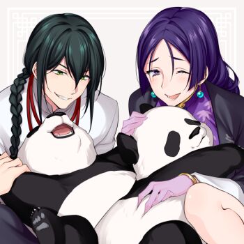 1boy 1girl 7dango7 black_hair black_jacket black_pants blush braid braided_ponytail breasts china_dress chinese_clothes dress earrings fate/grand_order fate_(series) gloves grin hair_between_eyes jacket jewelry large_breasts leaf_print long_hair long_sleeves minamoto_no_raikou_(fate) minamoto_no_raikou_(traveling_outfit)_(fate) necklace one_eye_closed open_mouth panda pants parted_bangs purple_dress purple_eyes purple_gloves purple_hair shirt smile sphere_earrings very_long_hair white_shirt yan_qing_(fate) yan_qing_(traveling_outfit)_(fate)