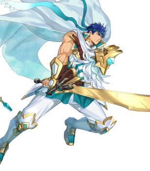 Rule 34 | 1boy, armor, attack, blue eyes, blue hair, blue headband, cape, closed mouth, feathers, fingerless gloves, fire emblem, fire emblem: radiant dawn, fire emblem heroes, gloves, greatsword, headband, highres, holding, holding sword, holding weapon, ike (fire emblem), ike (vanguard legend) (resplendent) (fire emblem), kuroba.k, looking at viewer, male focus, muscular, muscular male, nintendo, non-web source, official alternate costume, pants, popped collar, ragnell, scarf, solo, sword, v-shaped eyebrows, weapon, white cape, white gloves, white pants, white scarf