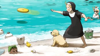 3girls :d baby_animal beach bird blonde_hair bone brown_hair cat chicken closed_eyes clumsy_nun_(diva) commentary diva_(hyxpk) dog duck duckling english_commentary frisbee froggy_nun_(diva) golden_retriever habit highres little_nuns_(diva) multiple_girls nun ocean old-fashioned_swimsuit one-piece_swimsuit open_mouth slice_of_life smile spicy_nun_(diva) sunglasses swim_cap swimsuit traditional_nun white_one-piece_swimsuit