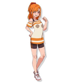 1girl bandaid bike_shorts black_shorts blush bow breasts clenched_teeth collarbone full_body grin hair_bow hair_ornament hand_on_own_hip high_ponytail highres kamayashiki_ikuko long_hair looking_at_viewer off_shoulder official_art one_eye_closed orange_eyes orange_hair ponytail red_eyes shirt shoes short_sleeves shorts smile sneakers solo standing teeth transparent_background world_dai_star