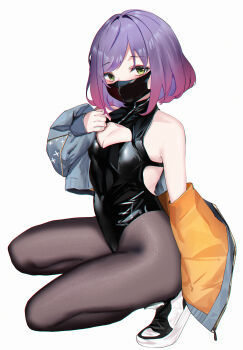 1girl absurdres air_jordan bare_shoulders black_leotard black_mask black_pantyhose breasts cleavage cleavage_cutout clothing_cutout gradient_hair highleg highleg_leotard highres jacket latex latex_leotard latex_mask leotard long_sleeves luna_(yd) mask mouth_mask multicolored_hair off_shoulder pantyhose purple_hair shoes short_hair sneakers solo swimsuit usagi_(786113654) white_background