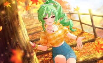 1girl :d ahoge akiru_kamira autumn autumn_leaves blue_shorts blush collarbone falling_leaves fire game_cg green_hair hair_between_eyes hair_ornament hairclip highres holding holding_leaf jewelry leaf leaf_hair_ornament long_hair looking_at_viewer maple_leaf necklace open_mouth orange_eyes orange_shirt outdoors plaid_clothes plaid_shirt ponytail puffy_short_sleeves puffy_sleeves shirt short_sleeves shorts smile solo third-party_source tree world_dai_star