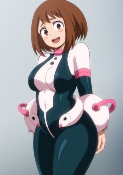 1girl belt black_bodysuit blush_stickers bodysuit boku_no_hero_academia breasts brown_eyes brown_hair covered_navel fingernails hara_(harayutaka) highres large_breasts long_sleeves looking_at_viewer medium_hair multicolored_bodysuit open_mouth pink_belt pink_bodysuit short_bangs smile solo sweatdrop thighs two-tone_bodysuit uraraka_ochako