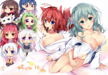 6+girls :/ :d :o ;d absurdres ahoge amairo_islenauts animal_collar animal_ears antenna_hair aqua_hair areola_slip ayachi_nene bare_shoulders beads beret black_hakama black_thighhighs blue_eyes blue_hair blush bow braid braided_ponytail breasts brown_hair chibi chibi_inset chinese_commentary chocolate_donut cleavage closed_mouth collar collarbone collared_shirt colored_eyelashes commentary_request company_connection company_logo company_name crossed_arms crossover donut dracu-riot! fang folding_fan food food_in_mouth forehead fox fox_mask frown full_body furrowed_brow green_eyes green_hair grey_hair grey_sailor_collar grey_skirt hair_beads hair_between_eyes hair_bow hair_ornament hair_ribbon hakama hakama_skirt hand_fan hat highres holding holding_fan imoe_(1017933989) japanese_clothes kimono large_breasts long_hair long_sleeves looking_at_viewer low-tied_long_hair lying masaki_gaillard mask mask_on_head medium_hair miniskirt multiple_crossover multiple_girls nagamitsu_maya natsuzora_kanata no_bra noble_works on_bed on_stomach one_eye_closed one_side_up open_clothes open_mouth open_shirt orange_eyes panties parted_bangs partially_unbuttoned pink_collar pink_hair pink_panties plaid_clothes plaid_hat plaid_skirt pleated_skirt ponytail red_bow red_eyes red_hair ribbon riddle_joker rindou_ruri sailor_collar sanoba_witch school_uniform senren_banka serafuku shichijou_sasara shikibe_mayu shirt sidelocks signature simple_background sitting skirt smile sweatdrop tail tareme tenshinranman thighhighs tomotake_yoshino underwear unohana_no_sakuyahime v-shaped_eyebrows very_long_hair wavy_hair wavy_mouth white_background white_hair white_shirt wide_sleeves wolf_ears wolf_girl wolf_tail x_hair_ornament yarai_miu yellow_kimono yellow_ribbon yokozuwari yuzusoft zettai_ryouiki