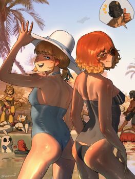 among_us ass aviator_sunglasses back-to-back ball black_one-piece_swimsuit blonde_hair blue_eyes blue_one-piece_swimsuit borrowed_character borrowed_design breasts cat_girl character_request commentary crossover dark-skinned_male dark_skin dimples_of_venus eagle_1_(helldivers) english_commentary flat_ass gameoverse hat helldiver_(helldivers) helldivers_(series) helmet highres hunter_(helldivers) kit_bodega lucy_(xanran) medium_breasts multiple_crossover multiple_girls ocean one-piece_swimsuit one_eye_closed orange_hair ponytail red_(among_us) short_hair short_ponytail small_breasts summer sun_hat sunglasses swimsuit thumbs_up uf-16_inspector_(helldivers) volleyball_(object) volleyball_(sport) wet xanran