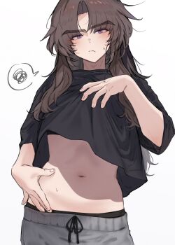 1girl black_panties black_shirt blush brown_hair closed_mouth clothes_lift grey_pants highres imamiya_pinoko lifting_own_clothes long_hair looking_at_viewer midriff navel original panties pants panty_peek presenting_stomach purple_eyes shirt shirt_lift simple_background solo spoken_squiggle squiggle stomach sweat sweatdrop sweatpants underwear white_background