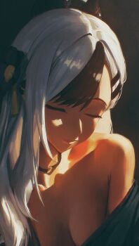 1girl absurdres art_study black_background black_choker black_hair black_horns black_kimono blue_archive breasts choker closed_eyes closed_mouth commentary demon_horns english_commentary facing_viewer flower hair_flower hair_ornament hairclip highres horns japanese_clothes kayoko_(blue_archive) kayoko_(new_year)_(blue_archive) kimono kimono_partially_removed long_hair medium_breasts multicolored_hair no_bra official_alternate_costume rifu002 single_bare_shoulder smile solo two-tone_hair white_hair