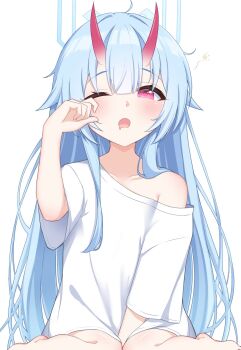 1girl ;o alternate_costume alternate_hairstyle barefoot between_legs blue_archive blue_hair blue_halo blunt_bangs center-flap_bangs chise_(blue_archive) collarbone commentary_request cowboy_shot demon_girl demon_horns drooling hair_down half-closed_eye halo hand_between_legs hand_up highres horns long_hair looking_at_viewer messy_hair mouth_drool one_eye_closed open_mouth oversized_clothes oversized_shirt red_eyes rubbing_eyes shirt short_sleeves simple_background sitting sleepy solo squeans very_long_hair wariza white_background white_shirt wide_sleeves yamichi_(yamichi8369)