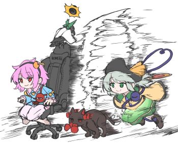 2girls adapted_costume animal_ears bags_under_eyes barefoot bird black_fur black_headwear blue_shirt boots brown_footwear buttons cape capelet cat cat_ears cat_tail chair claws collar collared_shirt crow dashing diamond_(shape) diamond_button feathered_wings feathers frilled_shirt frilled_shirt_collar frills fur_ribbon green_collar green_eyes green_hair green_ribbon green_skirt hair_between_eyes hair_ornament hairband hat hat_ornament hat_ribbon heart heart_button heart_hair_ornament kaenbyou_rin kaenbyou_rin_(cat) komeiji_koishi komeiji_satori long_hair long_skirt looking_at_another medium_hair multicolored_clothes multicolored_shirt multiple_girls multiple_tails bad_tag pink_collar pink_hair pink_skirt red_eyes red_ribbon reiuji_utsuho reiuji_utsuho_(bird) ribbon shinmon_akika shirt siblings simple_background sisters sitting skirt slippers smile swivel_chair tail third_eye torn_ribbon touhou two_tails white_background white_capelet wide_sleeves wings yellow_ribbon yellow_shirt