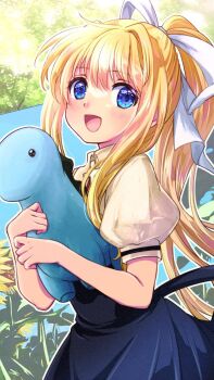 Rule 34 | 1girl, 2023, :d, air (visual novel), black dress, blonde hair, blue eyes, blush, collared shirt, commentary request, cowboy shot, dated commentary, day, dress, eyelashes, film grain, flower, hair ribbon, happy, highres, holding, holding stuffed toy, kamio misuzu, long hair, looking at viewer, open mouth, outdoors, outline, ponytail, puffy short sleeves, puffy sleeves, ribbon, school uniform, shirt, short sleeves, sidelocks, single hair intake, sleeveless, sleeveless dress, smile, solo, straight hair, stuffed dinosaur, stuffed toy, sunflower, sunlight, tareme, very long hair, white outline, white ribbon, yellow shirt, yuinarakugaki