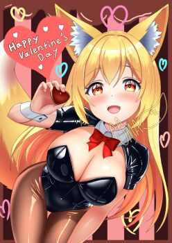 Rule 34 | 1girl, animal ear fluff, animal ears, black leotard, black pantyhose, black shrug, blonde hair, blush, bow, bowtie, breasts, candy, chocolate, chocolate heart, cleavage, collar, commentary request, covered erect nipples, detached collar, fingernails, food, fox ears, fox girl, hair between eyes, hand up, happy valentine, heart, heart-shaped food, heart-shaped pupils, highres, holding, holding food, large breasts, leotard, long hair, looking at viewer, open mouth, original, pantyhose, red bow, red bowtie, shrug (clothing), signature, solo, strapless, strapless leotard, symbol-shaped pupils, uma (uma mohumohu), valentine, very long hair, white collar, white wrist cuffs, wrist cuffs
