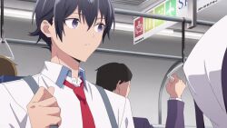 1boy 1girl animated anime_screenshot bag black_hair bouncing_breasts breasts colored_inner_hair covered_erect_nipples gradient_hair hair_ribbon haite_kudasai_takamine-san hand_on_own_chest handbag highres large_breasts looking_at_breasts multicolored_hair necktie no_bra purple_hair red_eyes red_necktie ribbon school_uniform shirota_takashi shirt sound tagme takamine_takane train train_interior two-tone_hair video white_ribbon white_shirt