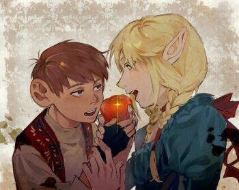 1boy 1girl apple black_gloves blonde_hair blue_dress border bow braid brown_eyes brown_hair brown_vest chilchuck_tims choker commentary dress dungeon_meshi english_commentary fingerless_gloves fingernails food fruit gloves green_eyes grey_background grey_sweater hair_ornament hetero holding holding_another&#039;s_wrist holding_food holding_fruit imminent_bite kugai697139 long_hair long_sleeves looking_at_another marcille_donato open_clothes open_mouth open_vest outside_border pointy_ears puffy_long_sleeves puffy_sleeves red_bow red_choker short_hair sparkle sweater teeth turtleneck turtleneck_sweater twin_braids upper_body vest white_border