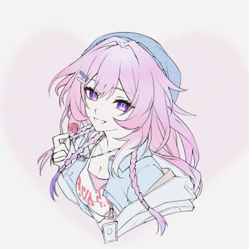 1girl blue_hat blue_jacket braid breasts candy cleavage commentary_request cropped_torso cyrene_(demiurge)_(honkai:_star_rail) cyrene_(honkai:_star_rail) cyrene_(nylon_japan)_(honkai:_star_rail) diamond-shaped_pupils diamond_(shape) food grin hair_ornament hairclip hand_up hat heart heart_necklace highres holding holding_candy holding_food holding_lollipop honkai:_star_rail honkai_(series) jacket jewelry knit_hat lollipop long_hair looking_at_viewer medium_breasts necklace official_alternate_costume pink_hair purple_eyes puyopuyo_10 simple_background smile solo symbol-shaped_pupils unfinished