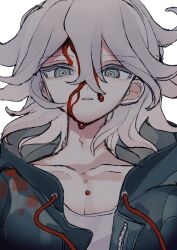 Rule 34 | 1boy, absurdres, blood, blood drip, blood drop, blood on face, collarbone, commentary, danganronpa (series), danganronpa 2: goodbye despair, green eyes, green jacket, hair between eyes, highres, hood, hood down, hooded jacket, jacket, komaeda nagito, looking at viewer, male focus, manaita no sake, messy hair, open clothes, open jacket, parted lips, pectoral cleavage, pectorals, shirt, short hair, simple background, solo, straight-on, upper body, white background, white hair, white shirt, zipper