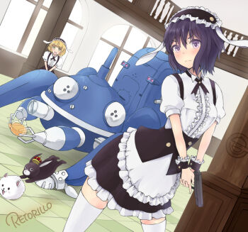&gt;:( +_+ 2girls :d alternate_costume angora_rabbit animal animal_ears anko_(gochiusa) anko_(gochuumon_wa_usagi_desuka?) apron artist_name bad_id bad_pixiv_id black_skirt blonde_hair blouse blue_eyes blush center_frills collared_shirt colored_eyelashes crossover crown dutch_angle fake_animal_ears fleur_de_lapin_uniform frilled_apron frilled_shirt frilled_skirt frills frown ghost_in_the_shell gochuumon_wa_usagi_desu_ka? gun hairband handgun head_tilt highres holding holding_gun holding_weapon indoors kirima_syaro kusanagi_motoko laughing_man_(gits) lolita_hairband look-alike looking_at_viewer maid_headdress matching_outfits mini_crown multiple_girls neck_ribbon open_mouth pistol puffy_short_sleeves puffy_sleeves purple_eyes purple_hair rabbit rabbit_ears railing retorillo ribbon shirt short_hair short_sleeves skirt smile star-shaped_pupils star_(symbol) symbol-shaped_pupils tachikoma tea teapot thighhighs tile_floor tiles tippy_(gochiusa) tippy_(gochuumon_wa_usagi_desuka?) trigger_discipline two-handed v-shaped_eyebrows v_arms waist_apron waitress weapon white_legwear white_shirt window wrist_cuffs zettai_ryouiki